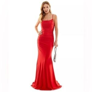 B DARLIN Cowl Neck Shirred Gown Juniors 3/4 Black Solid Sleeveless Back …